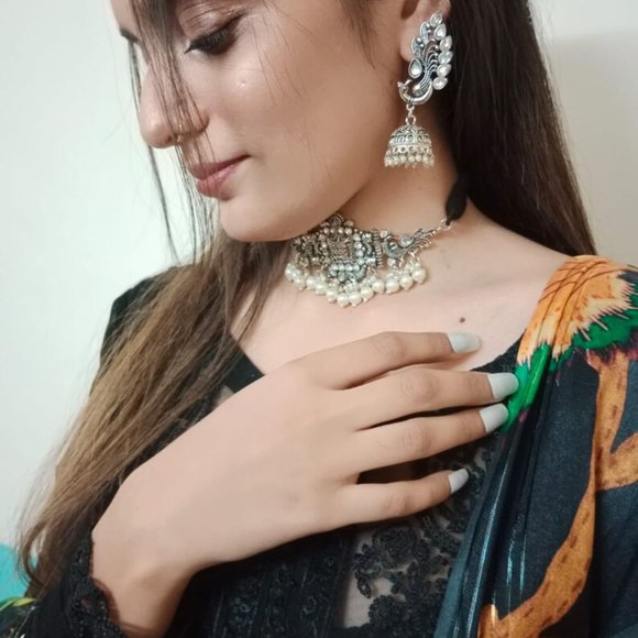 Silver Jewelry Set With Pearls Tribal Silver Tone Jewelry Set - Picture 5 of 10